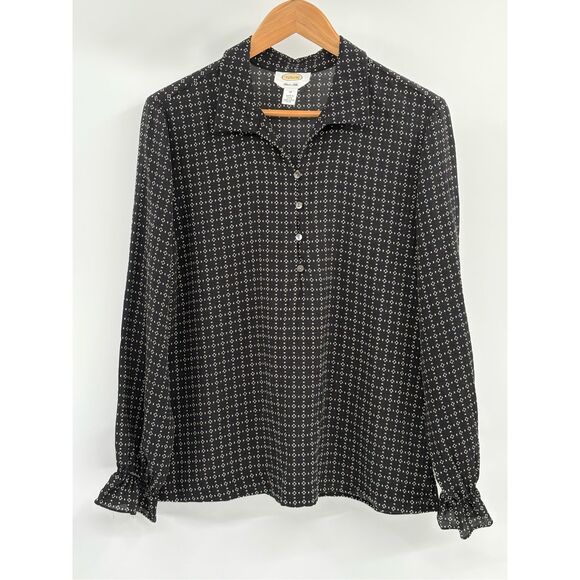 Talbots Silk Top Blouse Women Size 12 Large Black Sheer Geometric Ruffle Collar - Picture 1 of 12